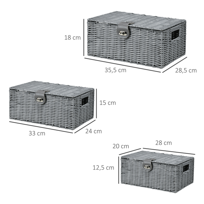HOMCOM Storage Boxes 3-Piece Set with Lid & Buckles 18L 12L 7L for Living Room Gray