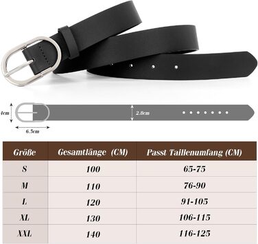 Жіночий та чоловічий шкіряний ремінь WHIPPY з срібною пряжкою для джинсів та штанів (чорний, розмір L 91-105 см, довжина 120 см)