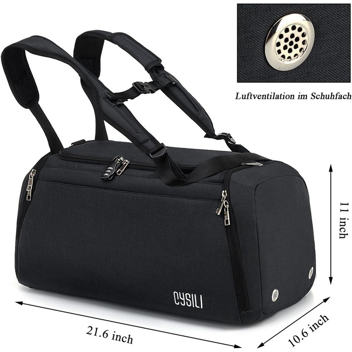 Sports bag with shoe compartment and wet compartment, 42L carry-on bag sports rucksack women men, gym bag travel bag large with shoulder strap and combination lock
