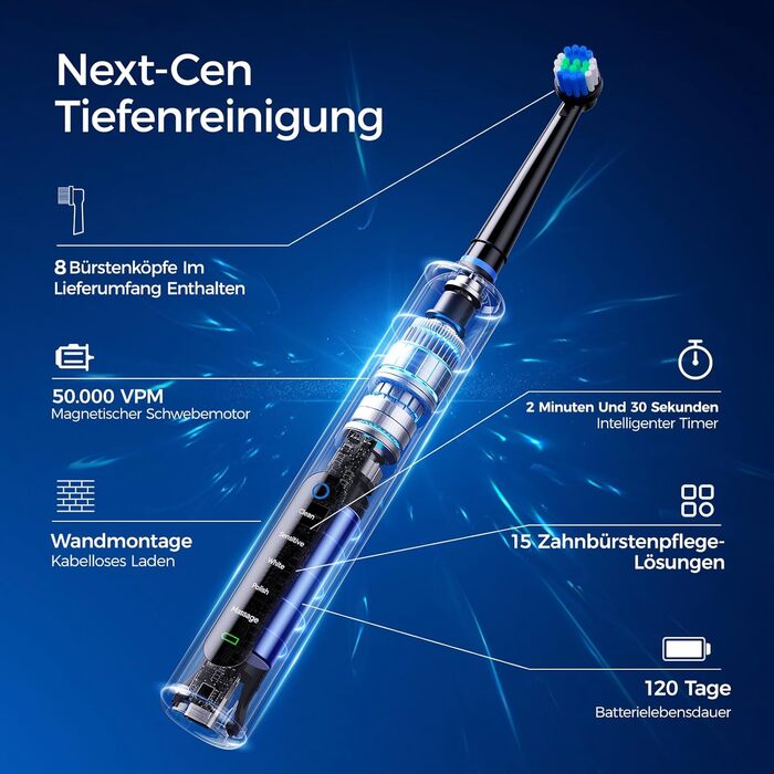 Електрична зубна щітка з круглою голівкою – 50 000 рухів/хв, 8 насадок, 3 режими інтенсивності та 5 режимів чищення, до 120 днів роботи, IPX7, кейс для подорожей та тримач, для дорослих та дітей (Чорний, 1 комплект)