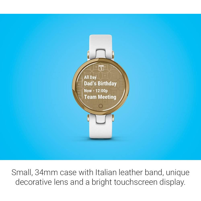 Garmin Lily™ – класичний розумний годинник з сенсорним екраном та декорованим корпусом, світло-золотистий з білим шкіряним ремінцем