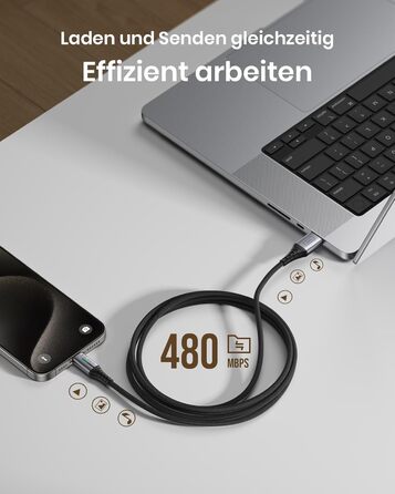 Кабель USB-C 2м з LED-підсвічуванням, швидка зарядка 3.1A, нейлон, чорний - сумісний з iPhone 15, Samsung Galaxy, Google Pixel