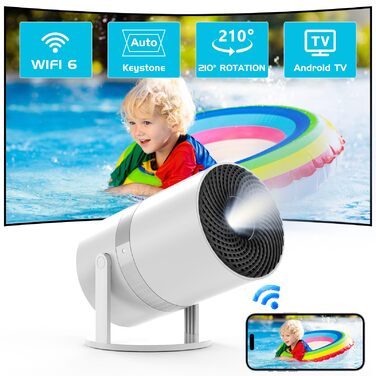 Міні проектор Beamer з автотрапецеїдною корекцією, Android OS, поворот 210°, WiFi 6, Bluetooth, 50% Zoom, Full HD 1080P для дому та на вулицю (сумісний з: смартфоном, Fire TV Stick, ноутбуком, HDMI, USB)