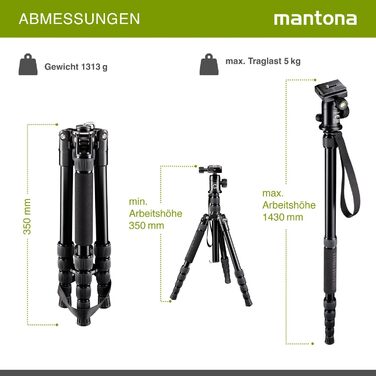 Штатив Mantona DSLM Travel - чорний, для камер, з кульковою головкою, до 5 кг