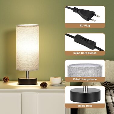 Настільна лампа Kakanuo з 3 режимами кольору, біла, з вимикачем, абажур з льону, для вітальні, спальні, офісу, дитячої кімнати (LED лампа в комплекті), колір: білий+чорний (сірий+чорний)