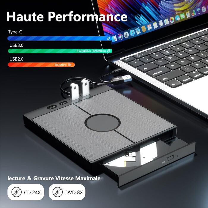 Зовнішній CD/DVD-привід для ПК USB 3.0 Type-C з 4 USB-портами та картридером SD/TF, тонкий багатофункціональний DVD-RW накопичувач для Windows 11/10/8/7/XP
