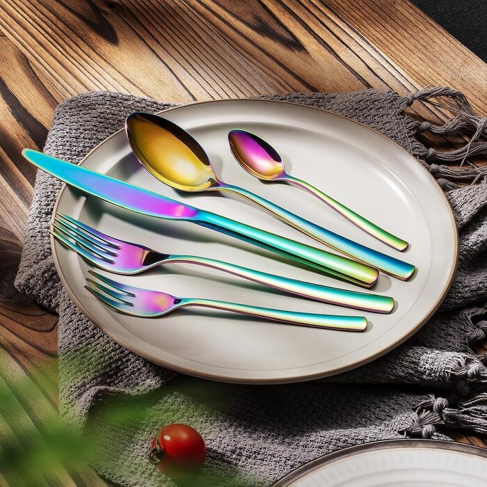 Opolia Cutlery Set for 6 People, Rainbow Cutlery, 30-Piece Stainless Steel Cutlery Set, High-Gloss Polished, Forks and Spoons, Dishwasher Safe, Rustproof and Colorful