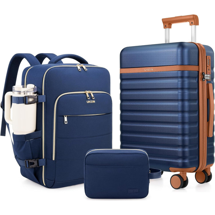 Набір валіз UKEIN 3 шт. з жорстким корпусом, міцний ручний багаж з 4 колесами, TSA-замок, рюкзак та косметичка (Marineblau)