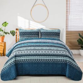 WONGS BEDDING Bedspread 220x240 Bed Cover Bohemian Quilt Steppdecke 3-Piece Double Bed Quilted Bedspread Microfiber Throw Blanket with 2 Pillowcases 50x70 for Bedroom as Sofa Cover (Bohemian) (200x220 cm, Dark Blue)