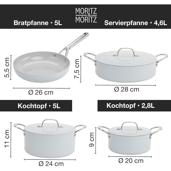 Moritz & Moritz 7-Piece Aluminum Cookware Set with Lids, Induction Compatible - 2x Saucepan with Lid, 1x Serving Pan with Lid, and 1x Frying Pan, Induction Cookware Set for All Cooktops, Grey