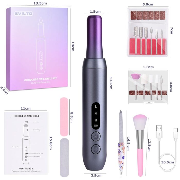 Електричний нагрівач для гелевих нігтів (манікюр/педикюр) з LCD-дисплеєм, 30000 об/хв, 3 швидкості, USB, сірий/фіолетовий