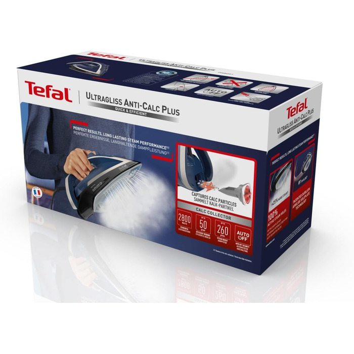 Tefal FV6846E1 Ultragliss Plus Anti-Kalk Steam Iron | 2800 Watts | Removable scale collector | 50 g/min continuous steam output | 260 g/min steam boost | Auto shut-off | blue/white Single 260g/min Steam + 2800W