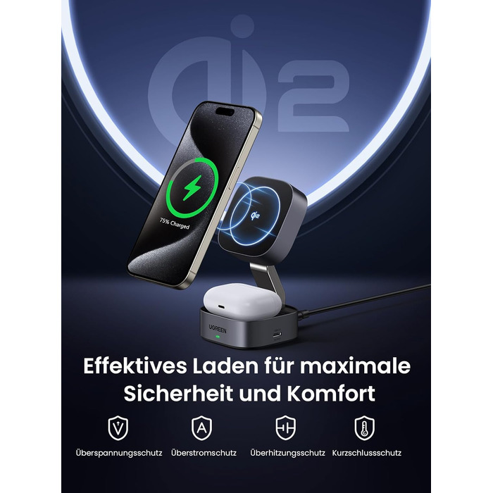 Ugreen MagFlow Qi2 Бездротова зарядка 15W 2-в-1 MagSafe для iPhone 15/16/17, AirPods + Кабель 1м