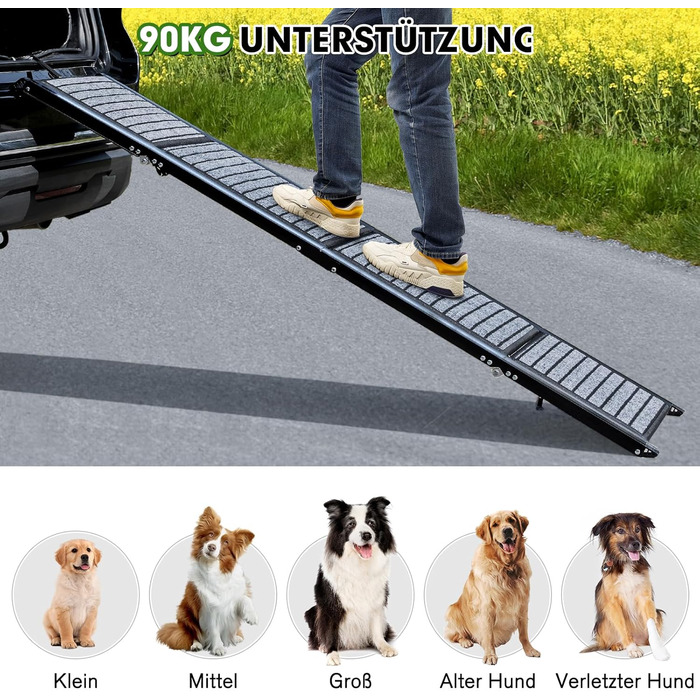 Рампа для собак у машину, розкладна, 160 см, з антиковзким покриттям, для легкових автомобілів, вантажівок та SUV, стабільна, для великих та середніх собак до 90 кг, 160*43 см (Д x Ш)