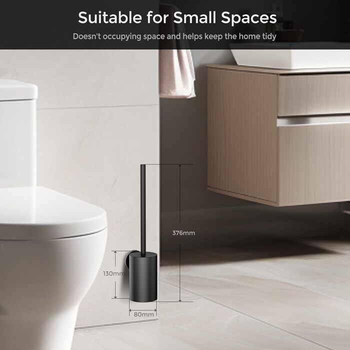 Щітка для унітазу WAVEWO з кріпленням на стіну, силіконова щітка та тримач, квадратна щітка з нержавіючої сталі 304, включає 2 насадки (круглі чорні)