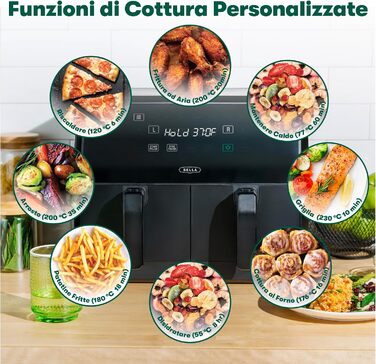 Фритюрниця аерофритюрниця Bella 8L з двома кошиками, сенсорним екраном, 8 функціями, регулюванням температури, таймером, антипригарним покриттям, 1700W, чорна