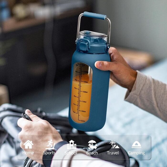 BLUEGO 2000ml Glass Water Bottle with Stainless Steel Handle and Time Marker 2L Motivation Glass Dryer with Silicone Sleeve and Straw for Gym, Office, Outdoors, Sports, BPA-free Water Bottles, Dark Blue