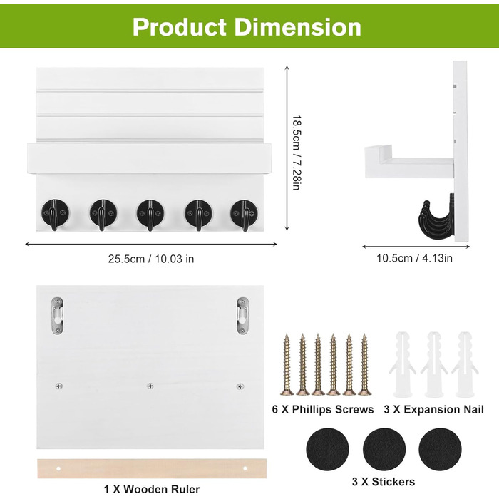 Дерев'яне ключниця на стіну з полицею, білий колір. 5 гачків для ключів, для прихожої, спальні, вітальні