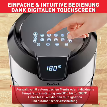 Tefal EY401D Hot Air Fryer Easy Fry Deluxe XL | Air Fryer | 1500 W | 4.2 L for 6 servings | 8 automatic programs | Digital display | energy-saving | healthy fryer without oil | stainless steel