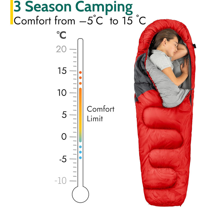 Дитячий спальний мішок Trail Mumienschlafsack 3 сезони для кемпінгу – 300gsm – червоний (для хлопчиків та дівчаток)