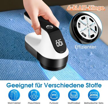 Машинка для видалення катишків NIWOHOM для одягу: 3 швидкості, 6-клинковий ніж, LED-дисплей, для всіх тканин