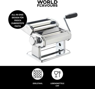 Машина для пасти KitchenCraft World of Flavours, механічна, 9 режимів товщини, італійський дуплексний ніж, нержавіюча сталь, срібляста