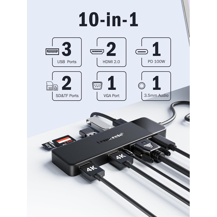 Док-станція Lemorele USB C з хабом 11 в 1: 2*HDMI (4K), 3*USB 3.0/2.0, VGA, PD 100W, SD/TF, для Windows, MacBook, Dell, HP, Lenovo, Surface