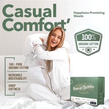 TEXAS LINEN CO. 100% Organic Cotton Fitted Sheet Set for Deep Pocket Double Beds – 3-Piece Organic Cotton Percale Bed Sheet Set (White), Soft, Cooling, Breathable, 40.6 cm (16 inch) Deep Pocket Hotel Bed Sheets