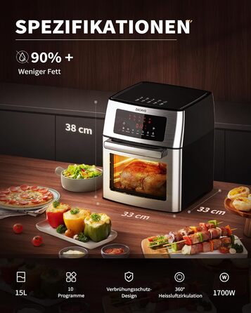 XXL Hot Air Fryer - ZACHVO Airfryer 15L - 10 Programs 1700W Hot Air Fryer with LCD Touchscreen - Air Fryer Frying Without Oil, 7 Accessories, 90% Less Fat - Oven, Grill, Dehydrator All in One Silver Hot Air Fryer