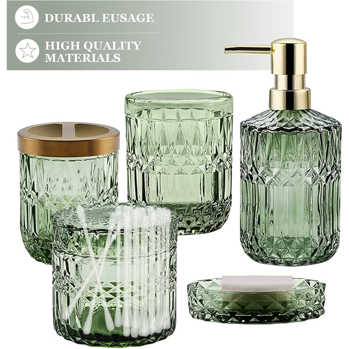 Bathroom Set, 5-Piece Glass Bathroom Accessory Sets including Lotion Dispenser, Soap Dish, Toothbrush Holder, Cup, Cotton Swabs, Modern Bathroom Decoration, Vintage Gift, Bathroom Decor Set (Green)