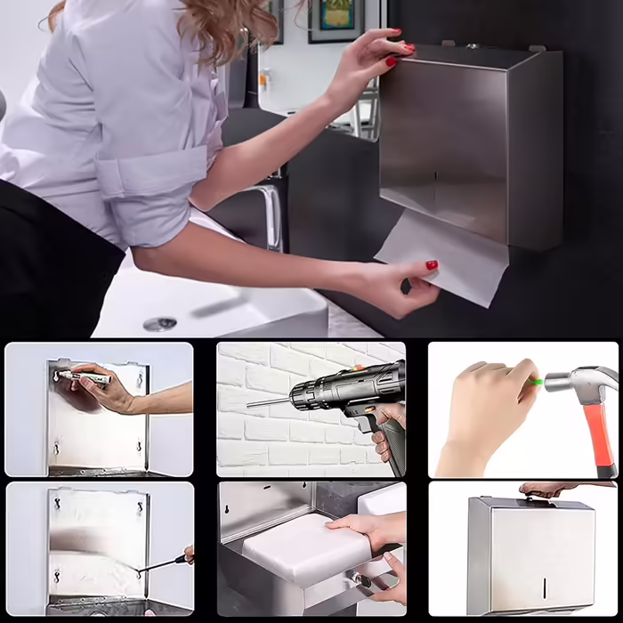 NICEME Paper Towel Dispenser, Stainless Steel Towel Dispenser Lockable, Wall-Mounted Tissue Dispenser, Suitable for Z-Fold Paper Towels, Holds 250-400 Sheets