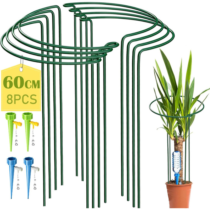 KAZITOO 8 Pack Large 60cm Tall Arch Plant Support Stakes, 4mm Thick Metal Garden Supports Green Half-Round Flower Rings with 4 Self-Watering Tips for Peonies, Hydrangeas, Monstera (60x30cm)