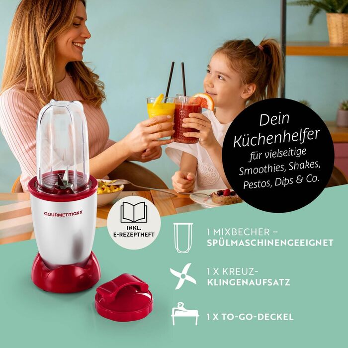 GOURMETmaxx Mr. Magic: Блендер для смузі та шейків 400W | Комплект з 4 насадками | Червоний та срібний
