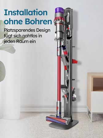 Підставка для пилососів Dyson G5, V15, V12, V11, V10, V8, V7, V6, металева з 4 гачками та 4 полицями, без свердління, стійка, підлогова, приховане кріплення кабелю, темно-сірий