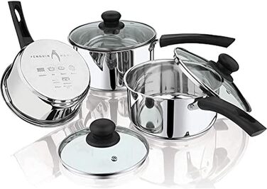 Каструля Penguin Home 18 см, 2 л, нержавіюча сталь, з скляною кришкою, для індукції, з двостороннім носиком, набір каструль і сковорідок, срібляста, 3 бакелітові ручки