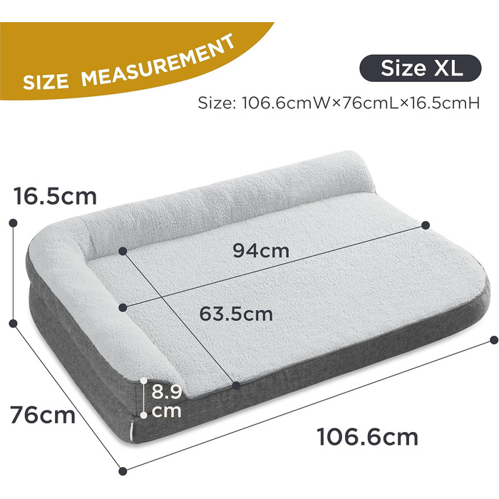 Orthopedic Dog Bed for Large Dogs - 106.6x76x16.5cm Dog Sofa with Egg-Crate Foam and Waterproof Liner, Cozy Washable Dog Couch Bed, Grey