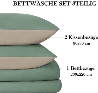 Комплект постільної білизни 135x200 4-х частинний, мікрофібра, двостороння, 135 x 200, 4tlg, м'яка та прасувальна, комплект 2 наволочок 80x80 см та 2 простирадла, з блискавкою (3 частини | 200x220 см, пастельно-зелений/тепле бежевий)