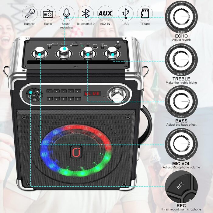 Караоке машина JYX з 2 бездротовими мікрофонами, Bluetooth, RGB-підсвічування, для дому та вечірок