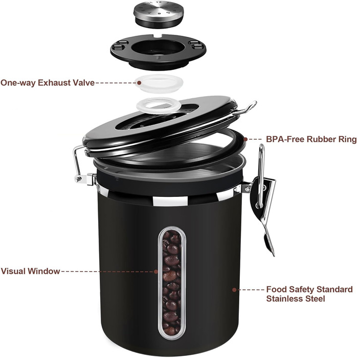 Кейс для кави ROCKY&CHAO 1.8L з нержавіючої сталі, герметичний, з вікном, для кавових зерен, чаю, горіхів, какао