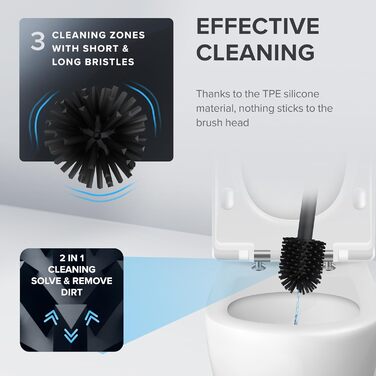 Торцева щітка для унітазу Arosund | Силіконова щітка для унітазу | З вентиляцією | Свободно стояча | Головка щітки для унітазу з нержавіючої сталі | З резервуаром для миючих засобів | Знімний піддон для крапель | Щітка для унітазу (Чорний)