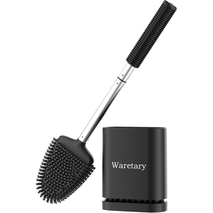 Щітка для унітазу Waretary з силіконовою щетиною та тримачем з нержавіючої сталі, гнучкий наконечник для глибокого очищення, швидковисихаюча, для кріплення на стіні або встановлення на підлогу, чорний