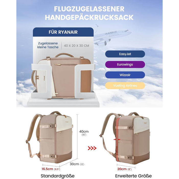 LOVEVOOK Рюкзак ручної поклажі 40L, 17.3 дюйми, великий, для жінок та чоловіків, розширюваний, рюкзак для подорожей та бізнесу, (40x30x20см-24L, кремовий + сірий + чорний)
