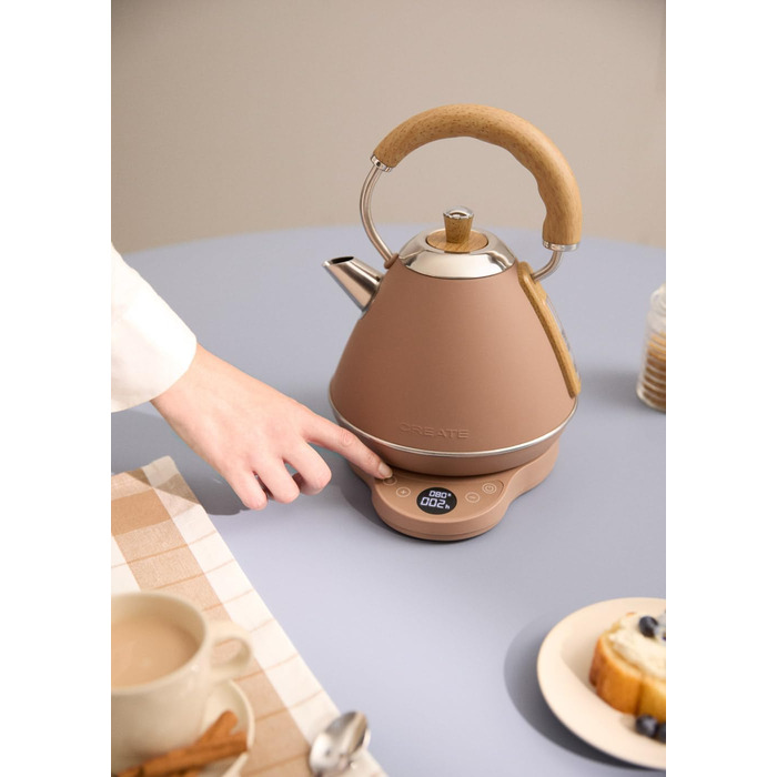 Електричний чайник RETRO PRO Mokka з регулюванням температури 1 л, автоматичне відключення, швидке кип'ятіння, антиковзаюча підставка, прозорий індикатор рівня води, 1200W