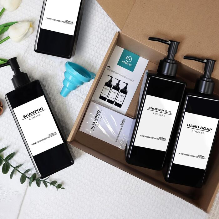 Набір дозаторів для мила Roselee (4 шт.), 500 мл, чорний. Дозатори для душу, шампуню, мила. Пластикові дозатори з воронкою та вологостійкими етикетками для кухні, ванної кімнати.