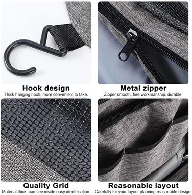Чоловіча туалетна сумка-органайзер для підвішування, сіра. Водонепроникна дорожня туалетна сумка з гачком