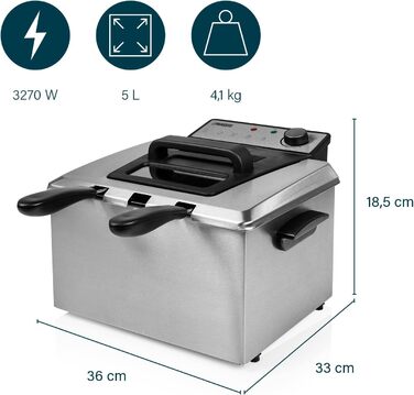 Princess Fritteuse – 3270 Watt, 5 Liter, Thermostat, 3 Fry Baskets, Cold Zone, 6-7 People, 185000, Grey