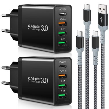 Зарядний пристрій Acezeek USB-C 35W 4-порти + 2x USB-C кабелі 60W 6.6ft для Samsung, LG, Google Pixel, планшетів (Чорний)
