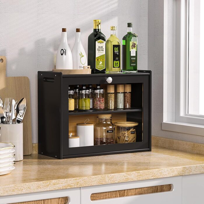 Бротокса Bambus: Бротокса для зберігання хліба з вентиляцією, 2 полиці та велике оглядове вікно, дерев'яний контейнер для хліба, безпечний для харчових продуктів, легкий у догляді, чорний (HX-10336)