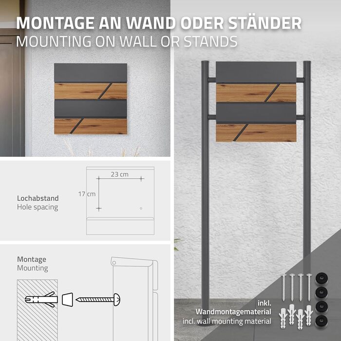 Поштовий ящик ML-Design Anthrazit/Ефект дерева Дуб, сталь, 37x37x11 см. Сучасний настінний поштовий ящик з газетницею, з замком та 2 ключами.