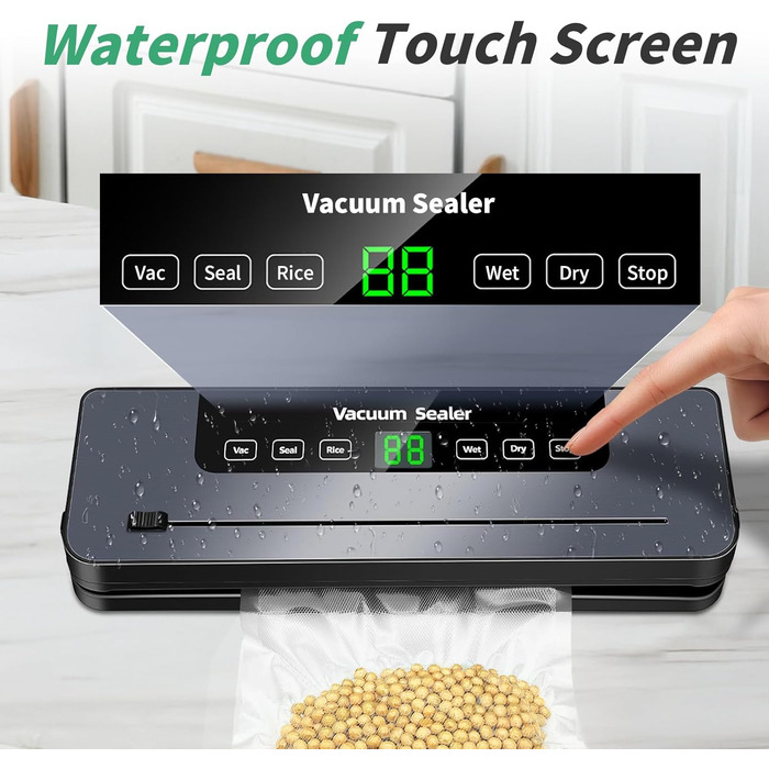 Вакуумний пакувальник 6-в-1 з цифровим LED-дисплеєм та 30 см зварювальною лінією, 50 шт. вакуумних пакетів, зовнішній шланг, для сухих та вологих продуктів, срібла
